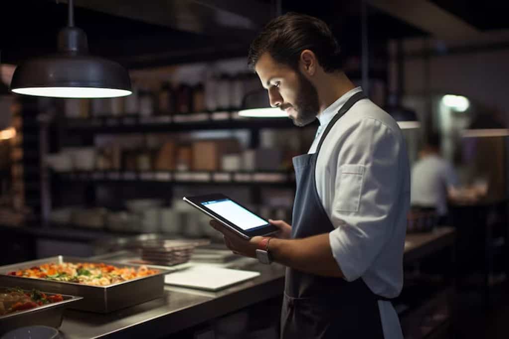 Professional chef using digital tablet in modern restaurant kitchen.