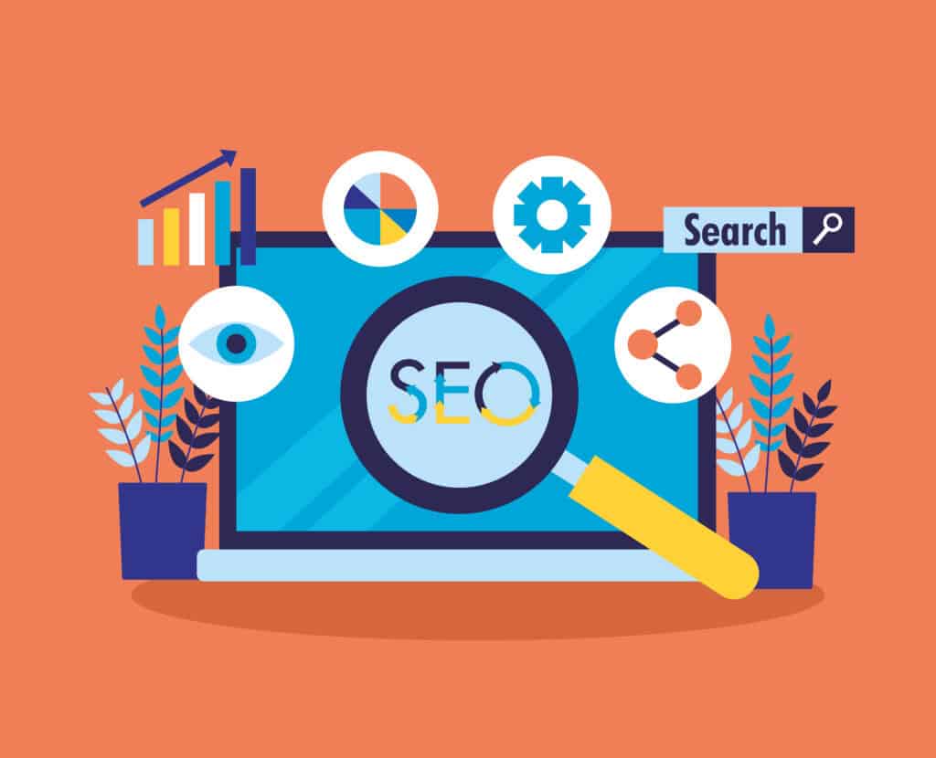 SEO digital marketing analysis illustration with magnifying glass and data icons.