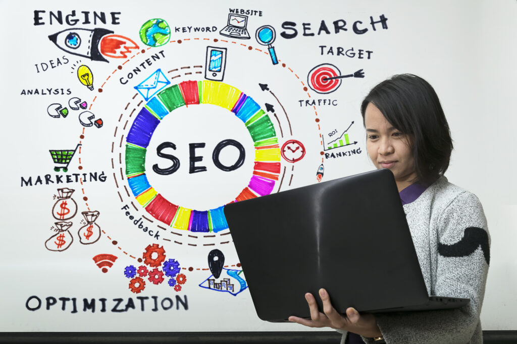 High-quality SEO analysis and digital marketing strategy planning with colorful hand-drawn SEO concepts.