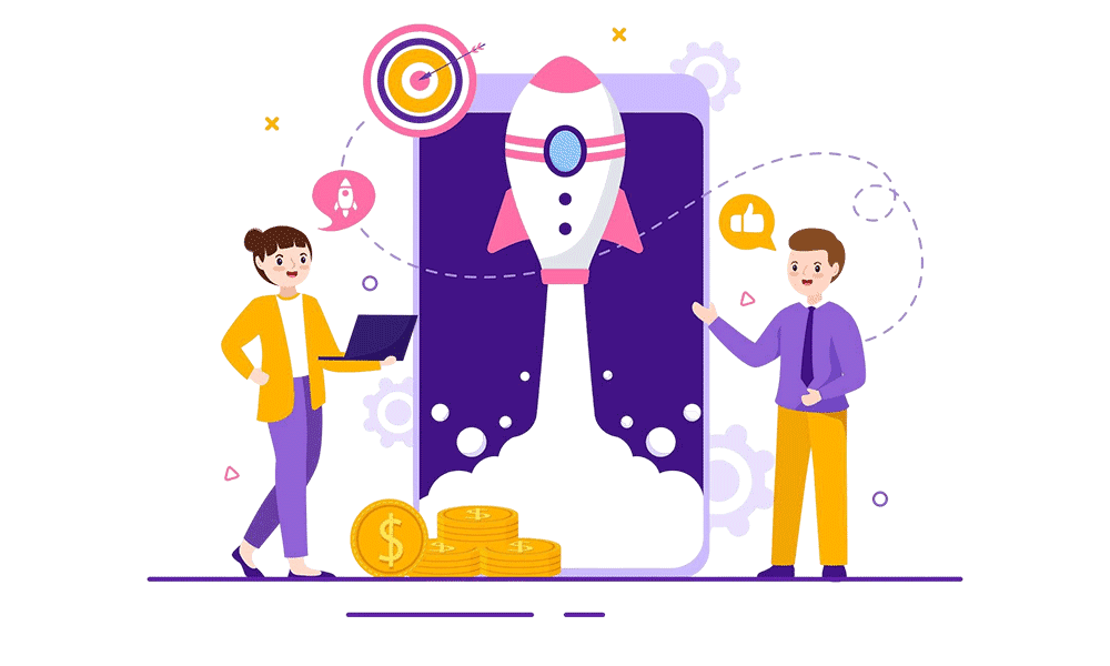 Illustration of mobile app development with rocket, coins, and tech icons in Vancouver.