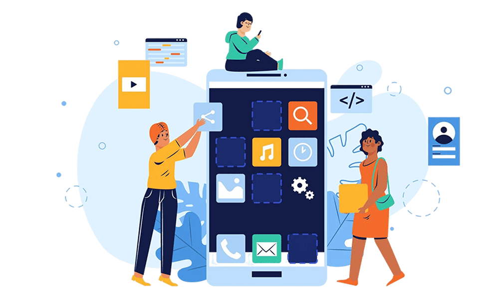 Team developing mobile app on large smartphone with app icons, in Vancouver.